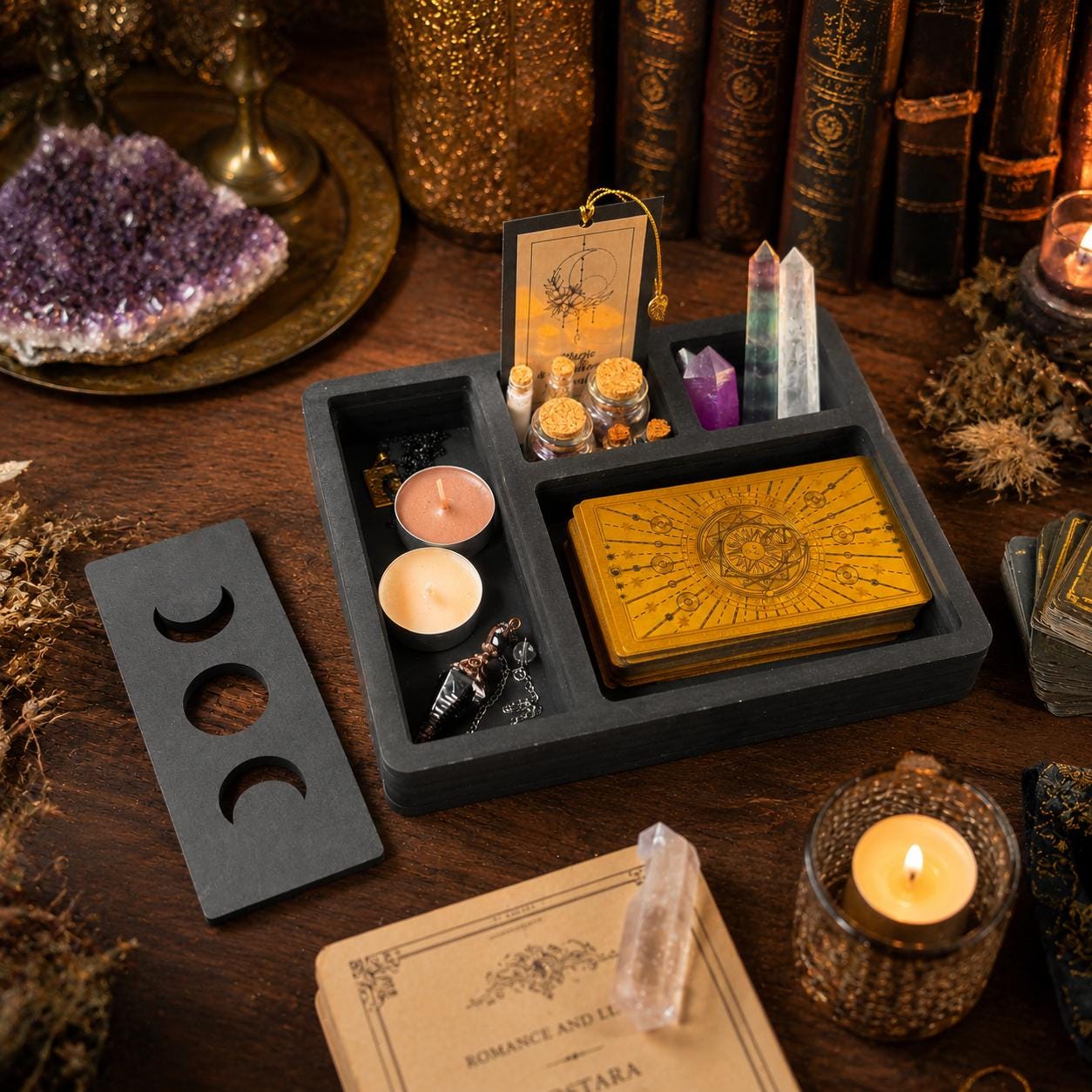 Black Tarot and Crystal Organizer, Moon Phase Witchcraft Storage Box