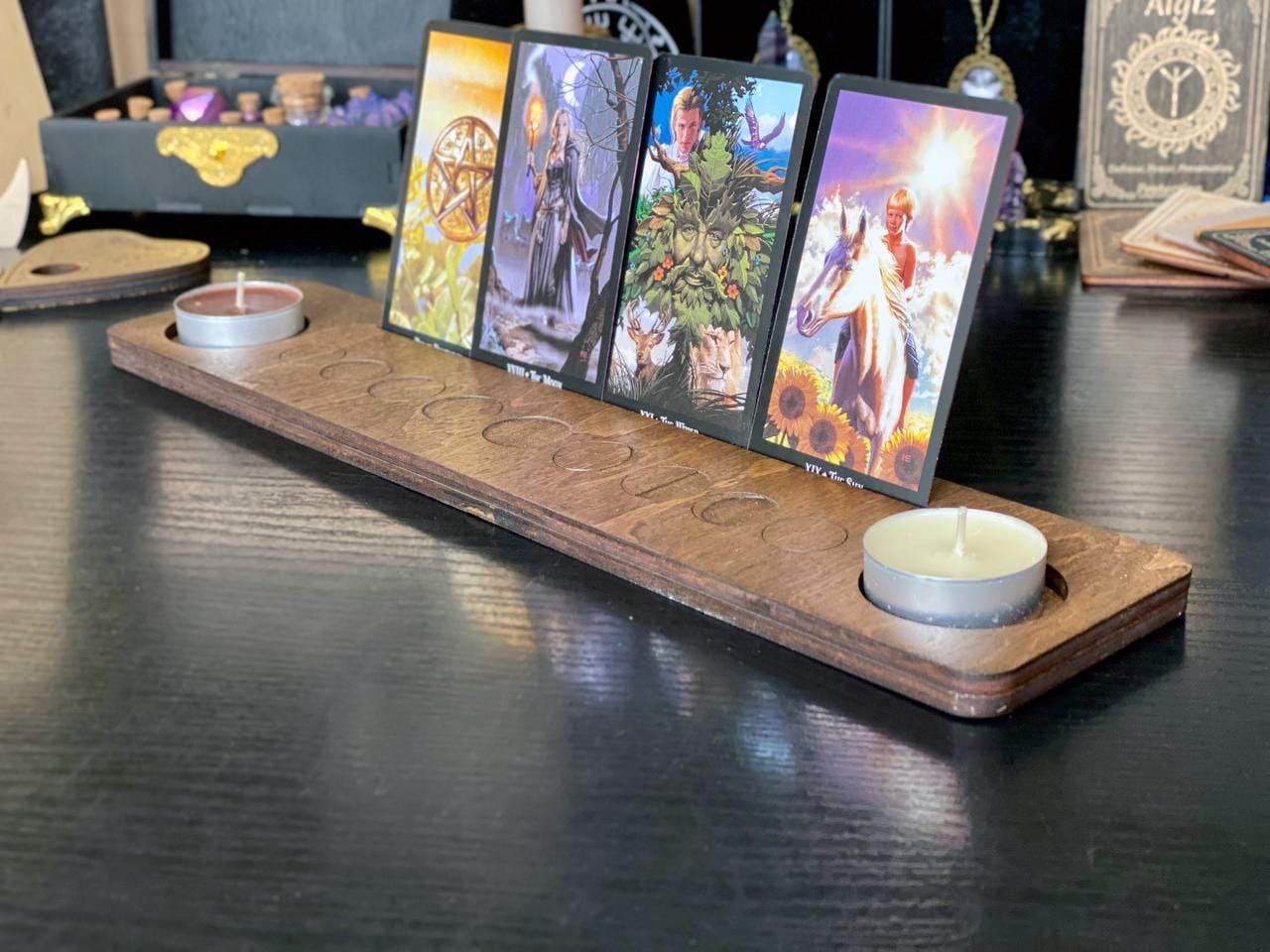 Moon Phase Tarot Card Stand with Candle Holders, Personalized Altar Decor