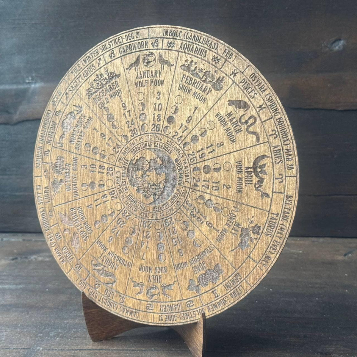 2026 Wooden Lunar Calendar, Moon Phase and Zodiac Wheel Wall Art