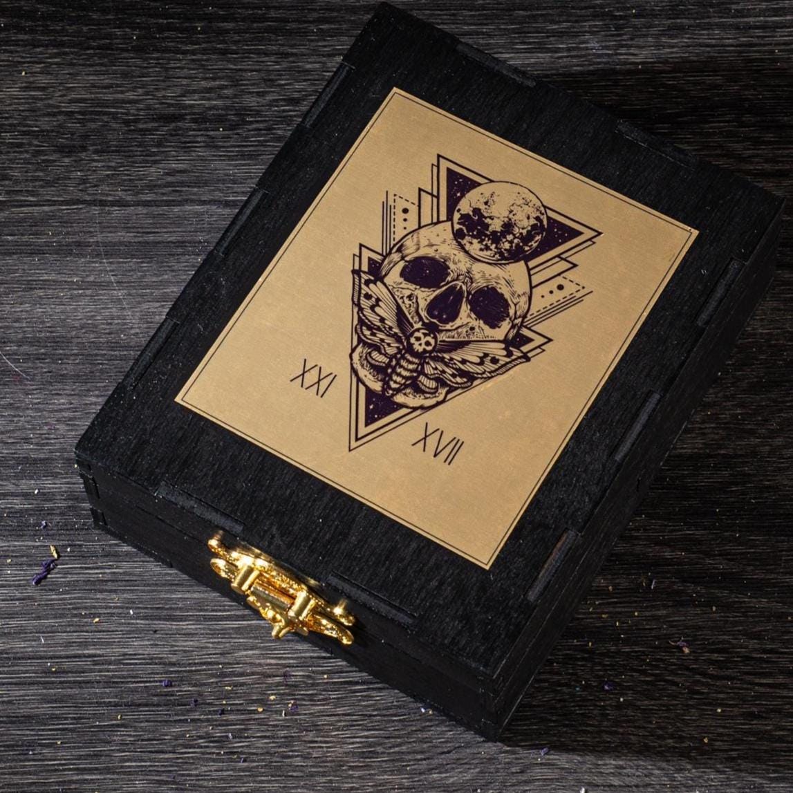 Personalized Gold & Black Wooden Tarot Card Box: Witch Altar Decor