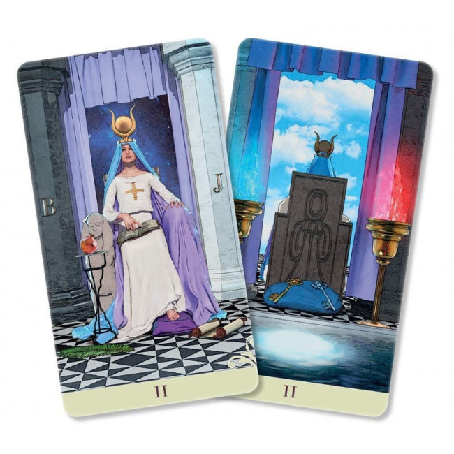 two tarot cards, each depicting a different scene. The first card shows a woman in a purple robe and a golden crown, while the second card shows a woman in a blue robe and a golden crown. The cards are positioned side by side, with the first card on the left and the second card on the right.
