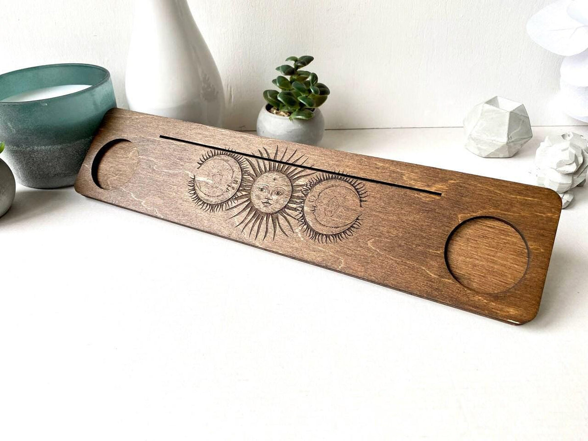 Sun and Moon Tarot Card Holder, Engraved Wooden Altar Stand