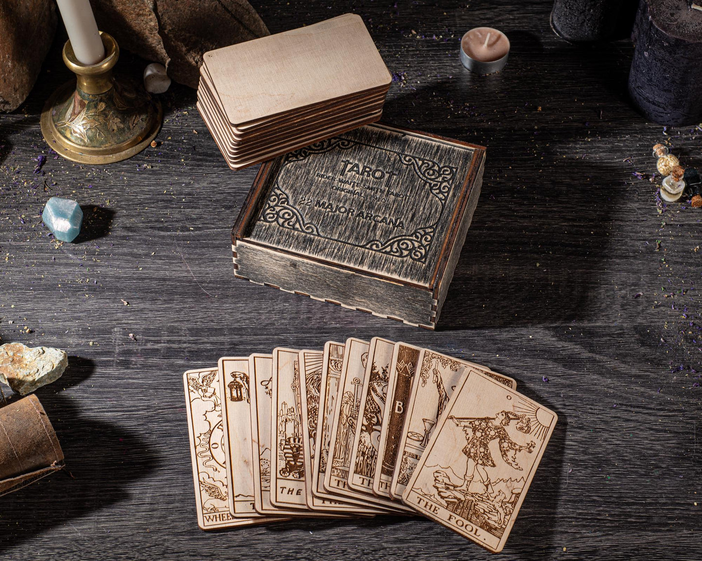 Wooden Tarot Cards 22 Major Arcana Rider Waite Natural Wood Engraved Deck with Box