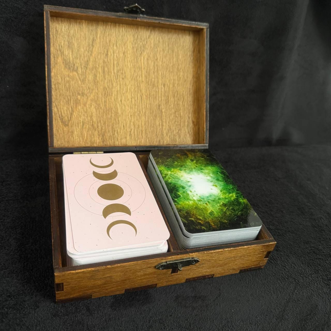 Tarot Card Box for Two Decks, Wooden Tarot Storage with Lock, Engraved Divination Case