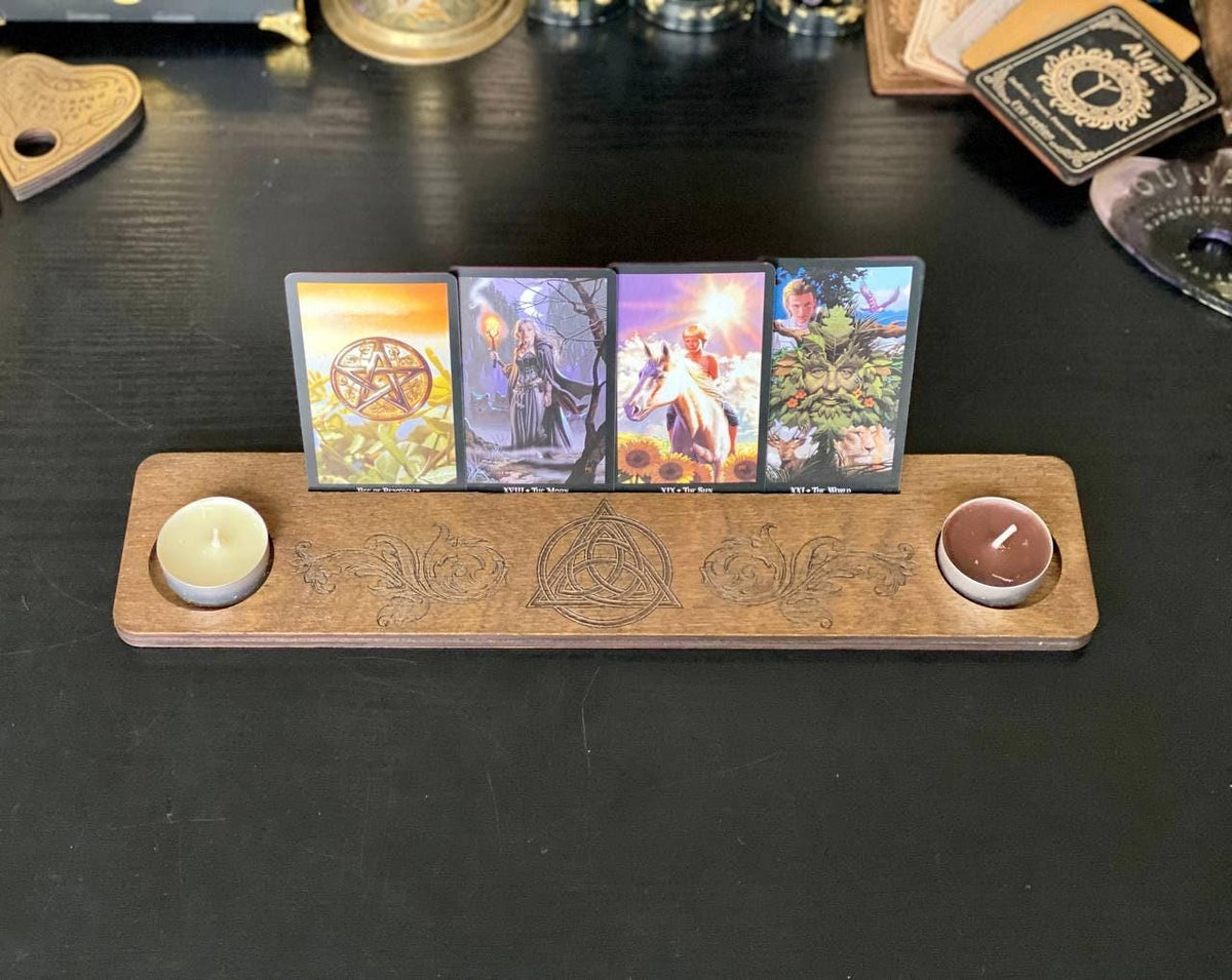 Engraved Wooden Tarot Card Holder with Candle Stand, Personalized Altar Display