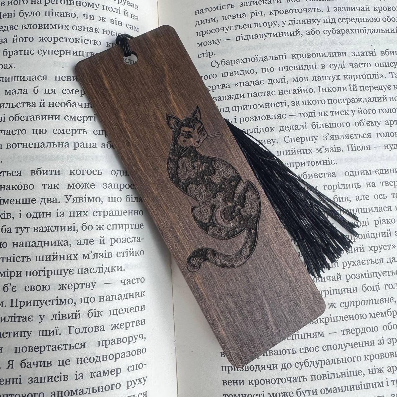 Wooden Cat Bookmark with Tassel, Fantasy Book Lover Gift