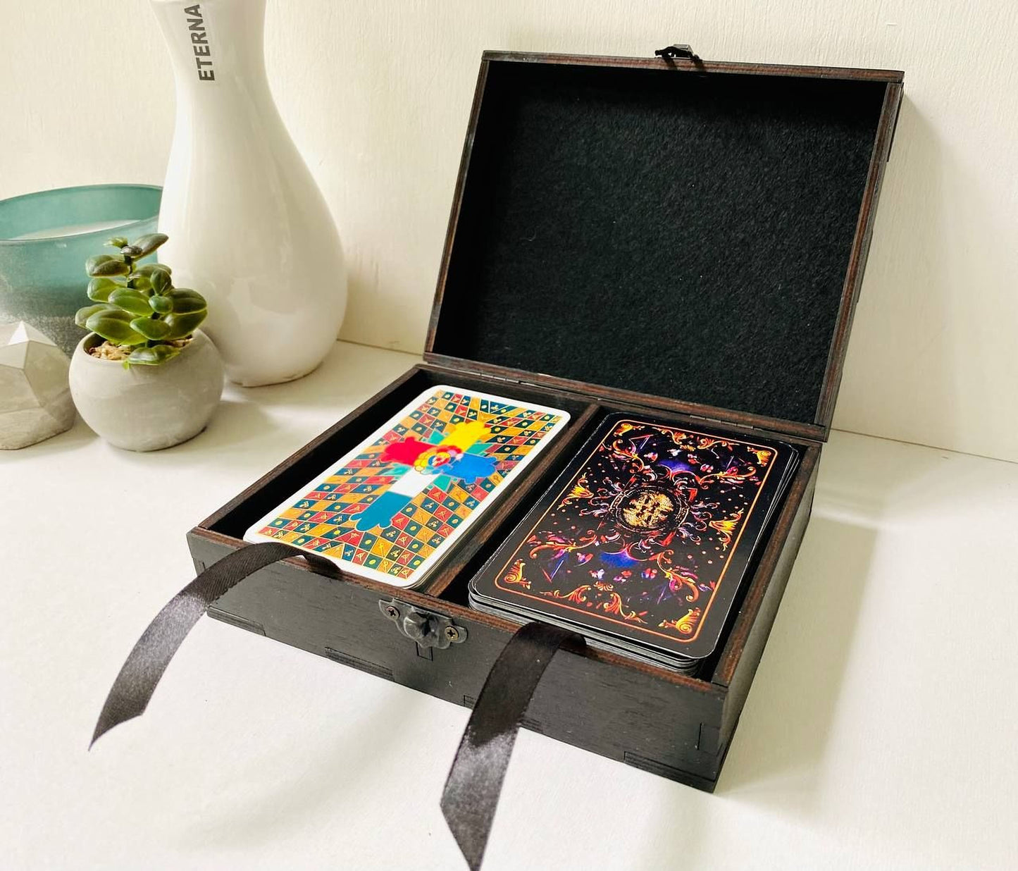 Open wooden tarot card box with two compartments for deck storage