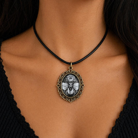 Scarab Beetle Necklace, Egyptian Pendant, Gothic Insect Jewelry, Oval Amulet