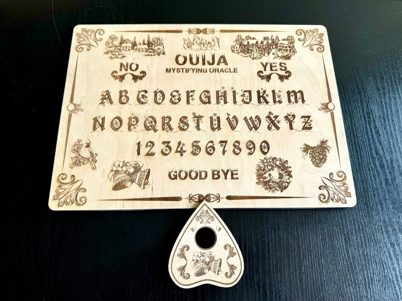 Christmas Wooden Ouija Board with Planchette, Engraved Holiday Spirit Board Décor