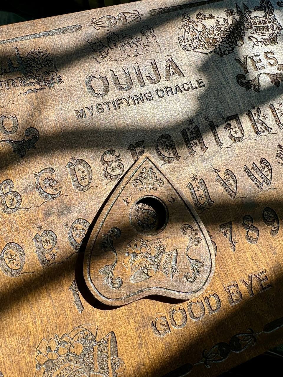 Rosewood Ouija Planchette: Engraved Christmas Jingle Bells, Spirit Board Tool