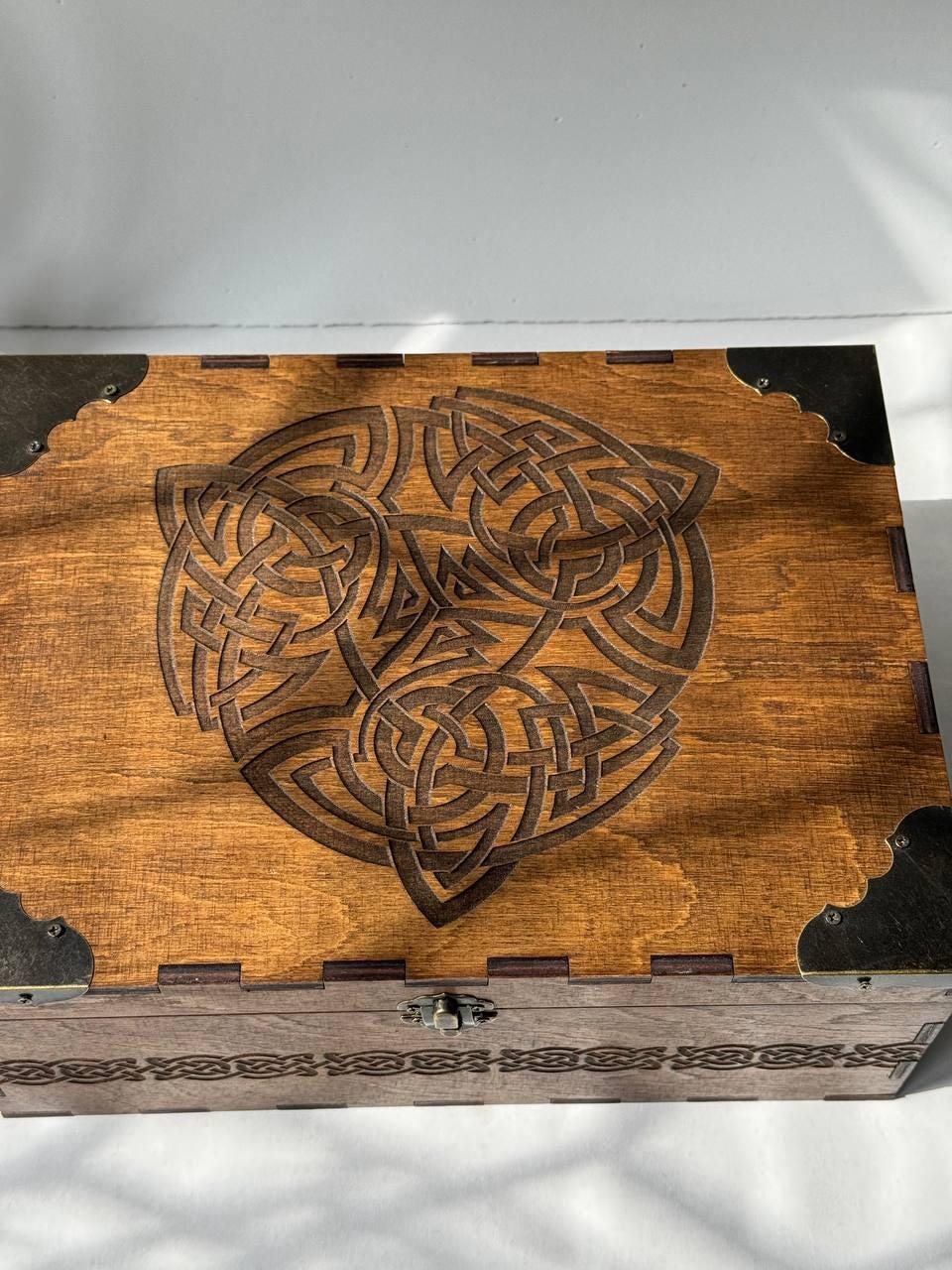 Wooden Storage Box | Viking Keepsake Chest with Celtic Symbol - Rustic Pagan Decor