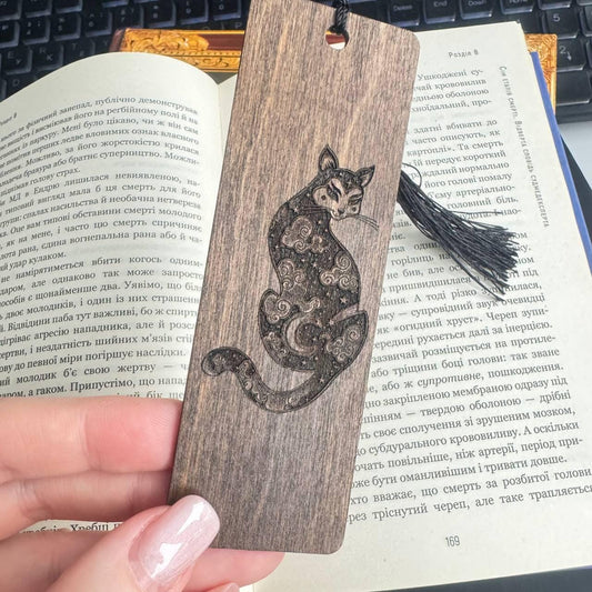 Wooden Cat Bookmark with Tassel, Fantasy Book Lover Gift
