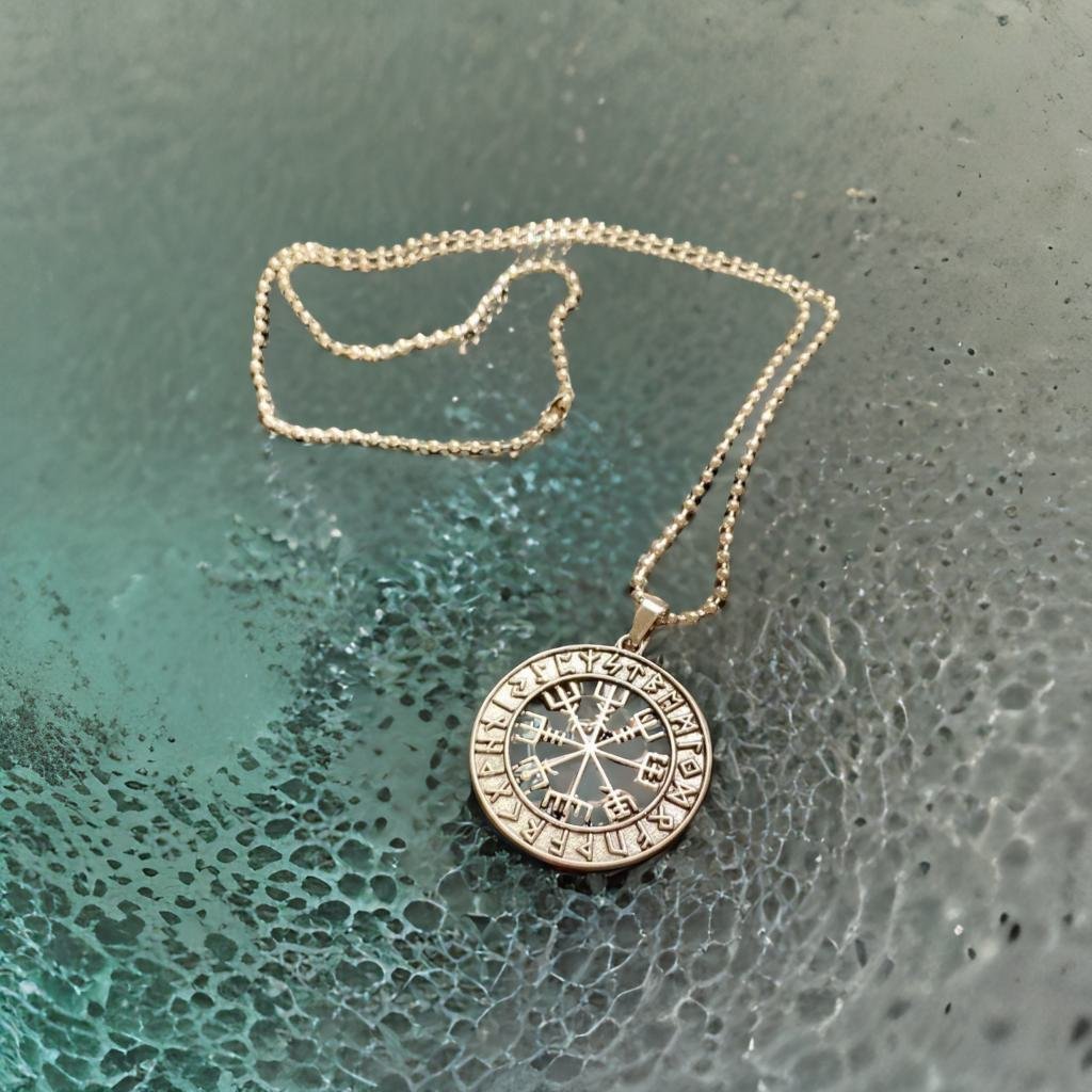 A gold-colored pendant necklace with a circular compass design is displayed on a textured surface.