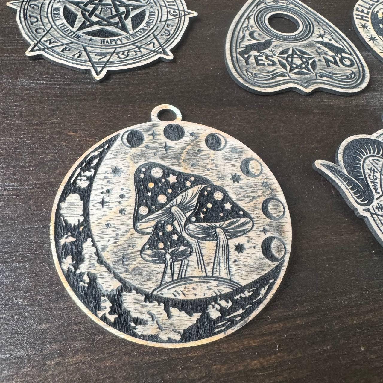 Seven Witch Ornaments in Dark Oak Gift Box for Wicca Sabbat Decor