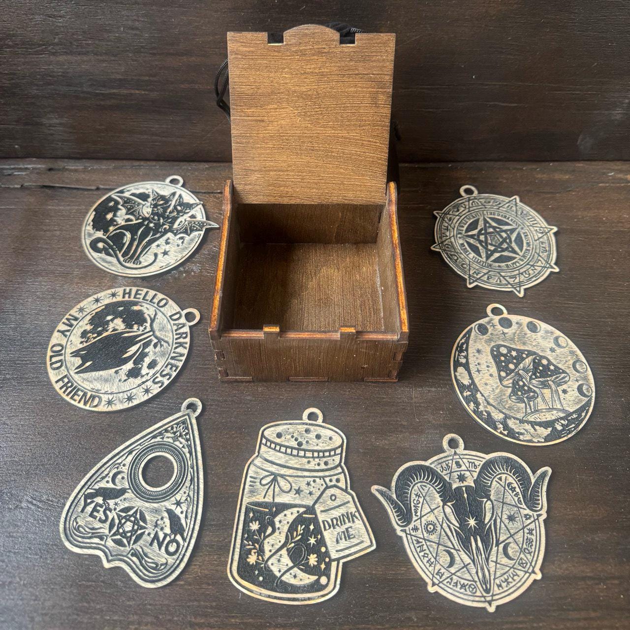 Personalized Wicca Ornament Gift Box, 7 Wooden Sabbat Charms in 4 Colors