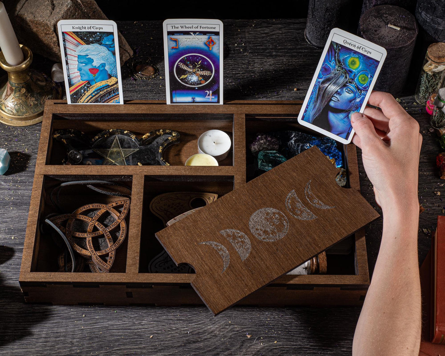Moon Phase Tarot Box, Wooden Organizer for Cards, Witch Altar Storage Case, Crystal Divider Box