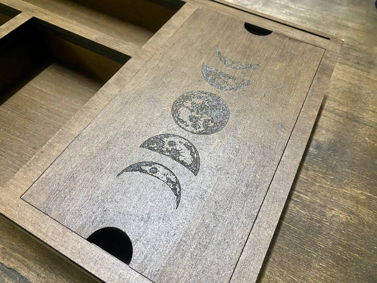 Moon Phase Tarot Box, Wooden Organizer for Cards, Witch Altar Storage Case, Crystal Divider Box