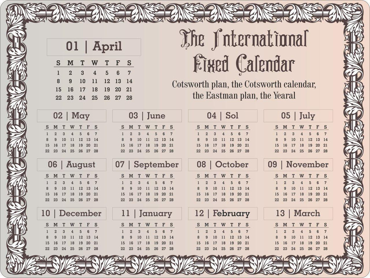 International Fixed 13 Month Calendar, Vintage Ornamental Wall Calendar, Cotsworth Plan