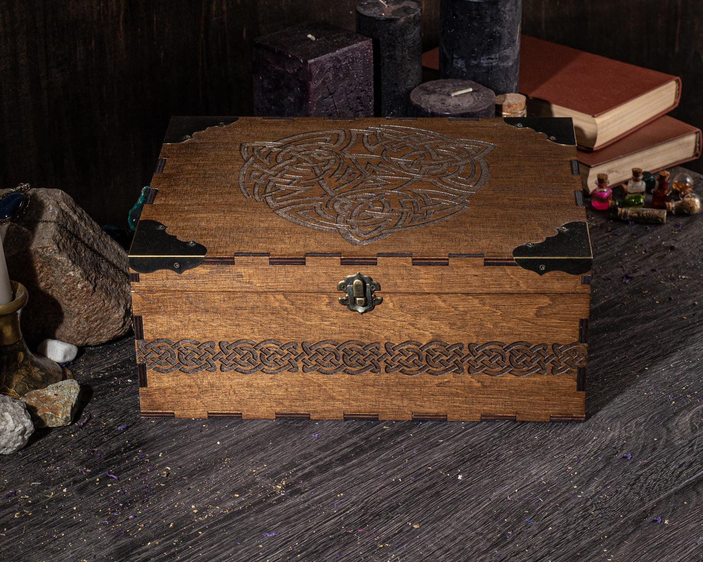 Wooden Storage Box | Viking Keepsake Chest with Celtic Symbol - Rustic Pagan Decor
