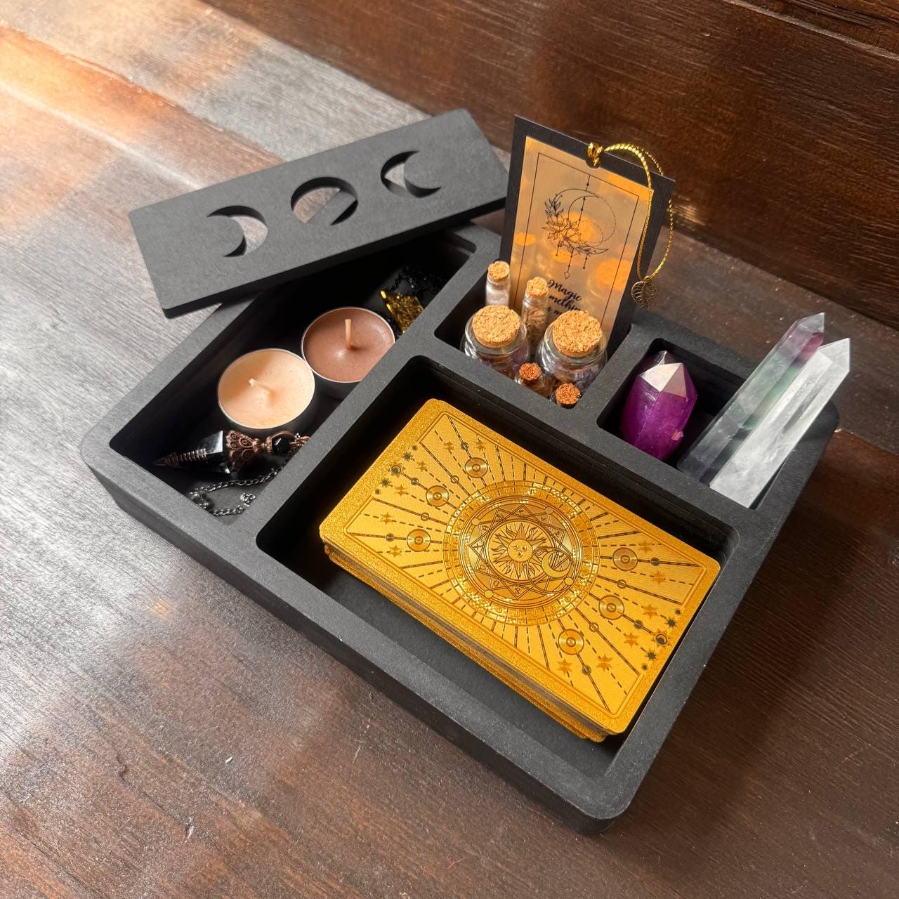 Black Tarot and Crystal Organizer, Moon Phase Witchcraft Storage Box