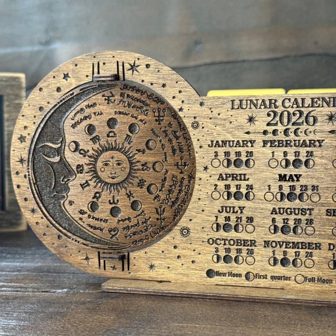 Lunar Calendar 2026 Wooden Moon Phase Board, Astrology Decor, Witchy Desk Display