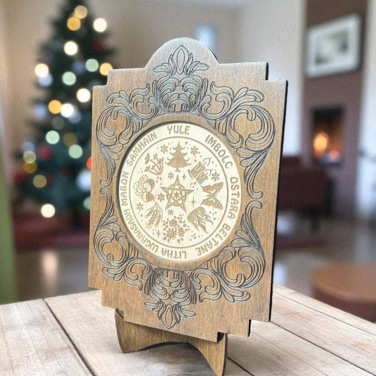 Wooden Wheel of the Year Altar Calendar with Stand, Engraved Wiccan Sabbat Decor