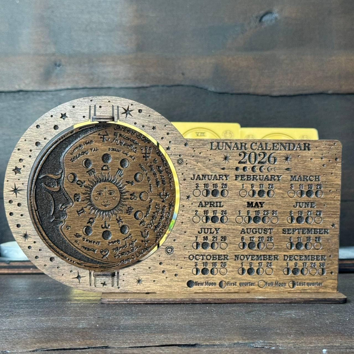 Lunar Calendar 2026 Wooden Moon Phase Board, Astrology Decor, Witchy Desk Display