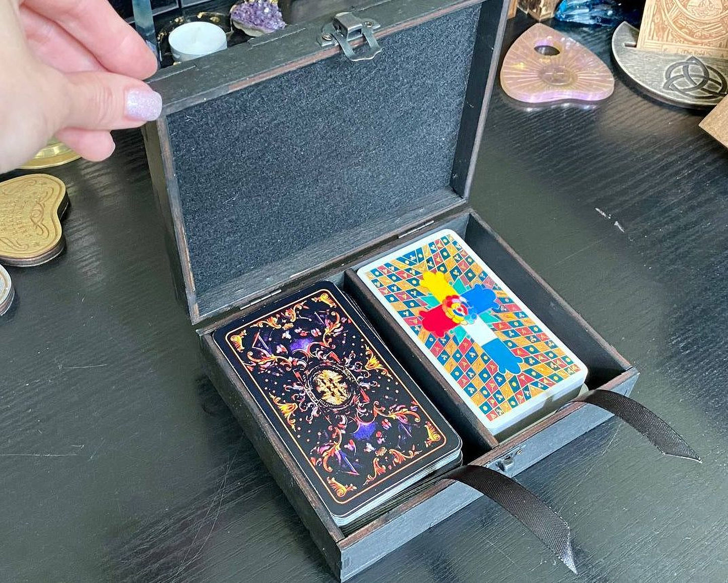 Wooden tarot card storage box black with engraved lid and lock