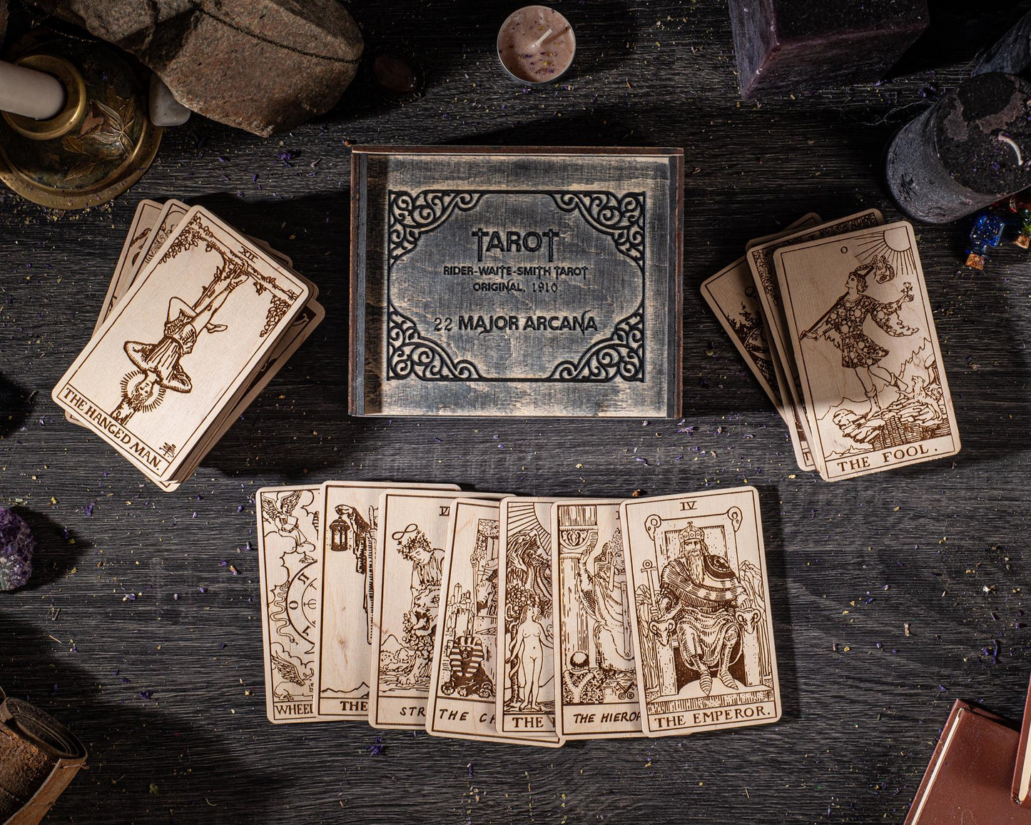 Wooden Tarot Cards 22 Major Arcana Rider Waite Natural Wood Engraved Deck with Box