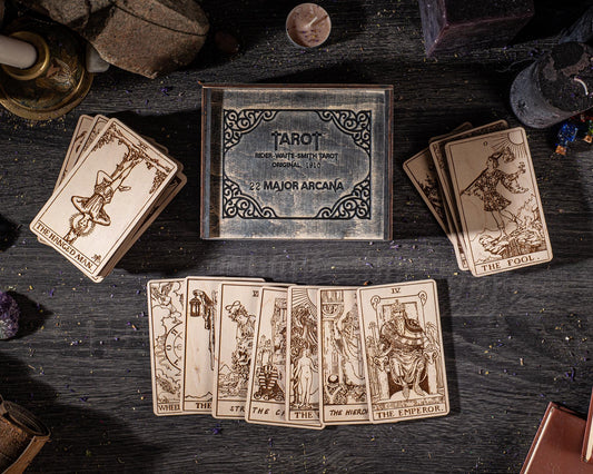 Wooden Tarot Cards 22 Major Arcana Rider–Waite–Smith Natural Wood Engraved Deck with Box