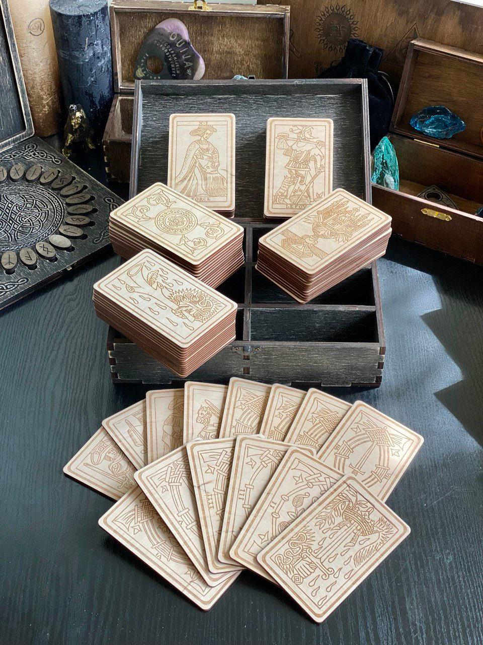 Tarot Marseille Wooden Deck – 78 Engraved Cards with Box, Personalized
