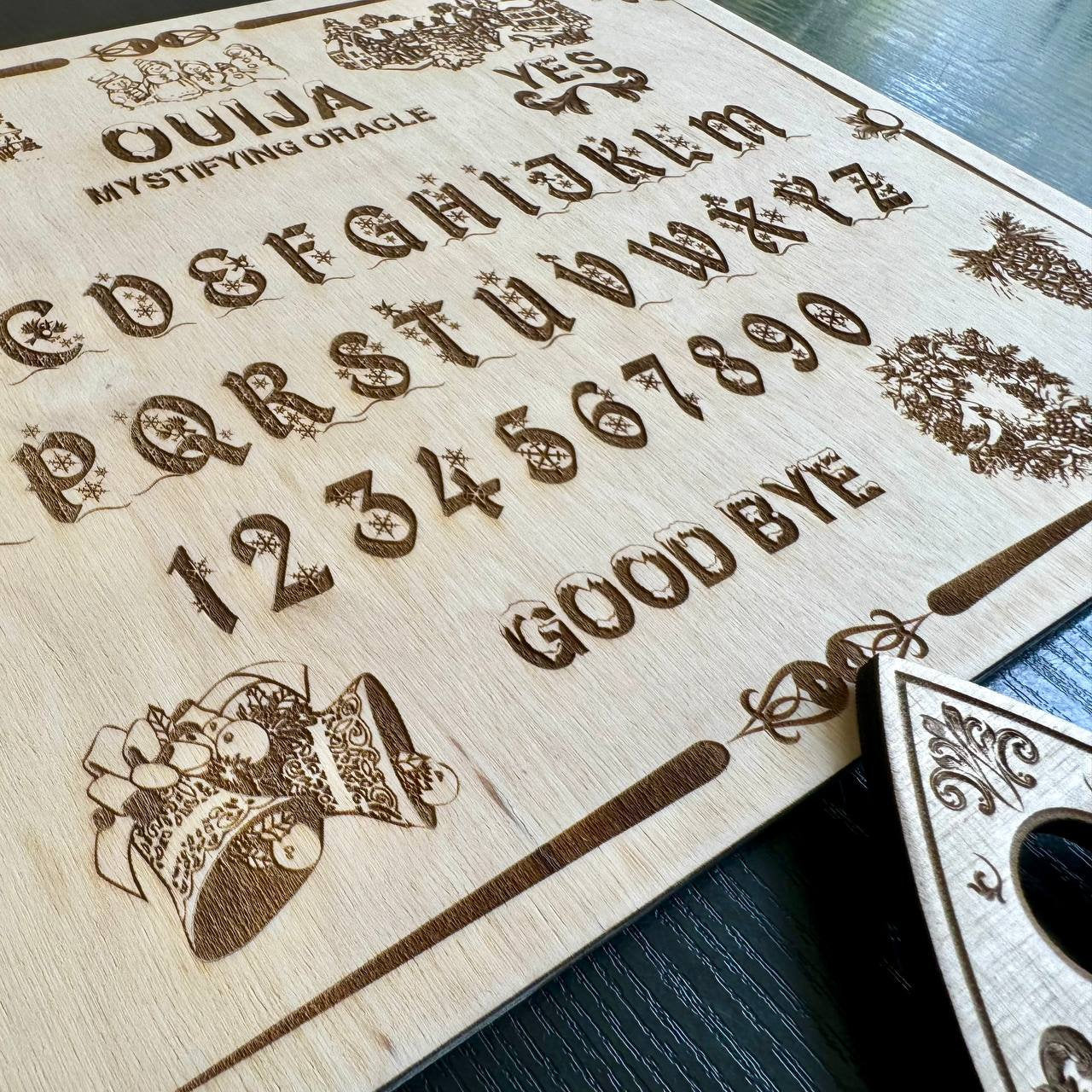Christmas Wooden Ouija Board with Planchette, Engraved Holiday Spirit Board Décor