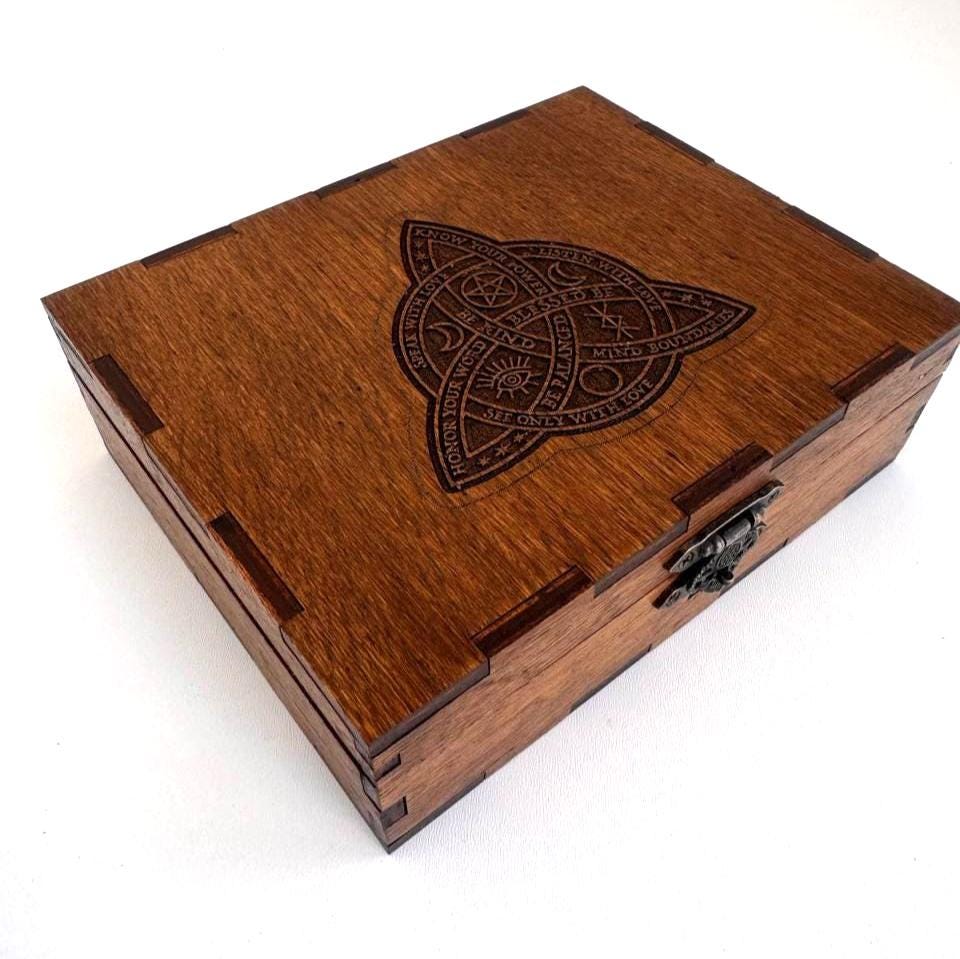 Tarot Card Box for Two Decks, Wooden Tarot Storage with Lock, Engraved Divination Case