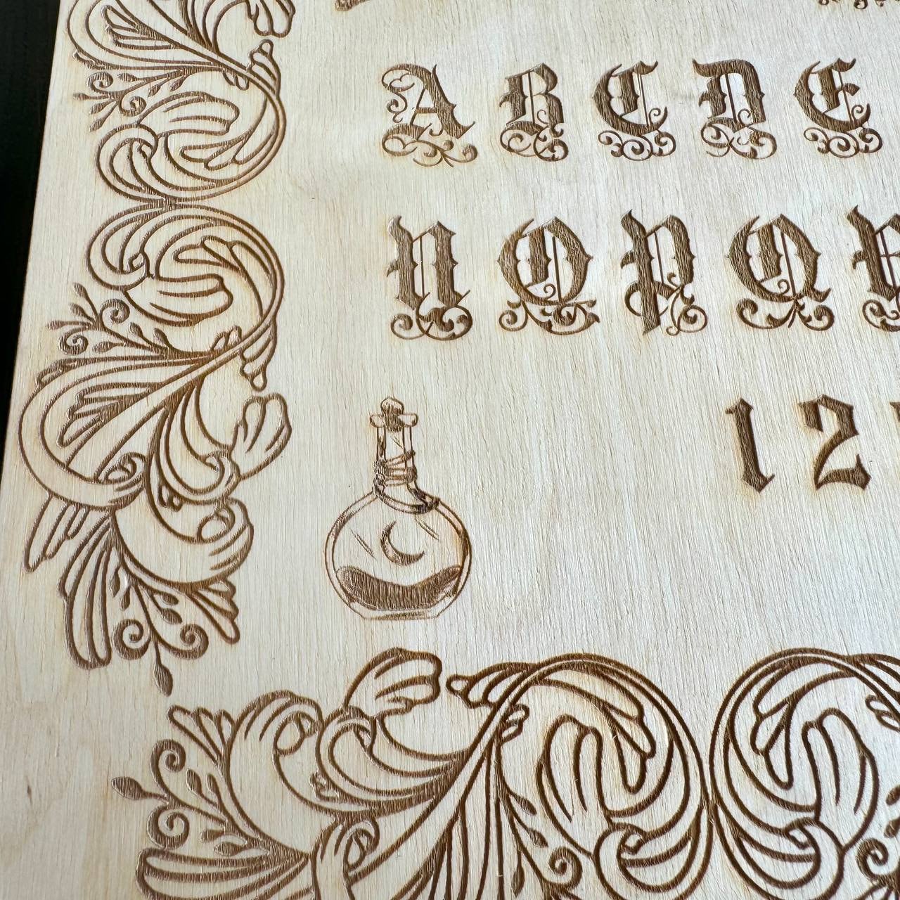 Wooden Ouija Board with Planchette, Engraved Spirit Board, Gothic Alphabet Talking Board
