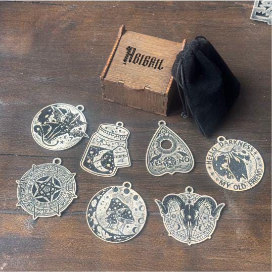 Personalized Wicca Ornament Gift Box, 7 Wooden Sabbat Charms in 4 Colors