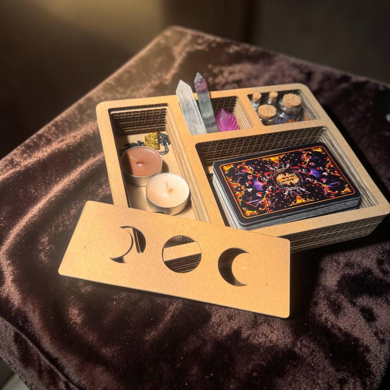 Moon Phase Tarot and Crystal Organizer, Divided Witchcraft Storage Box