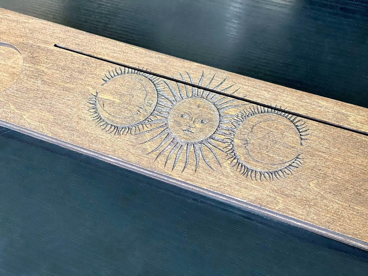 Sun and Moon Tarot Card Holder, Engraved Wooden Altar Stand