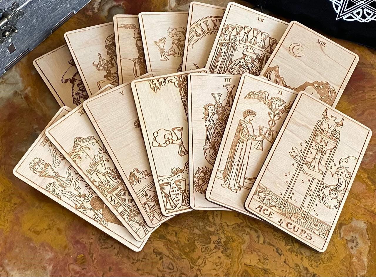 Wooden Tarot Cards Cups Suit Rider–Waite–Smith Engraved Deck Water Element