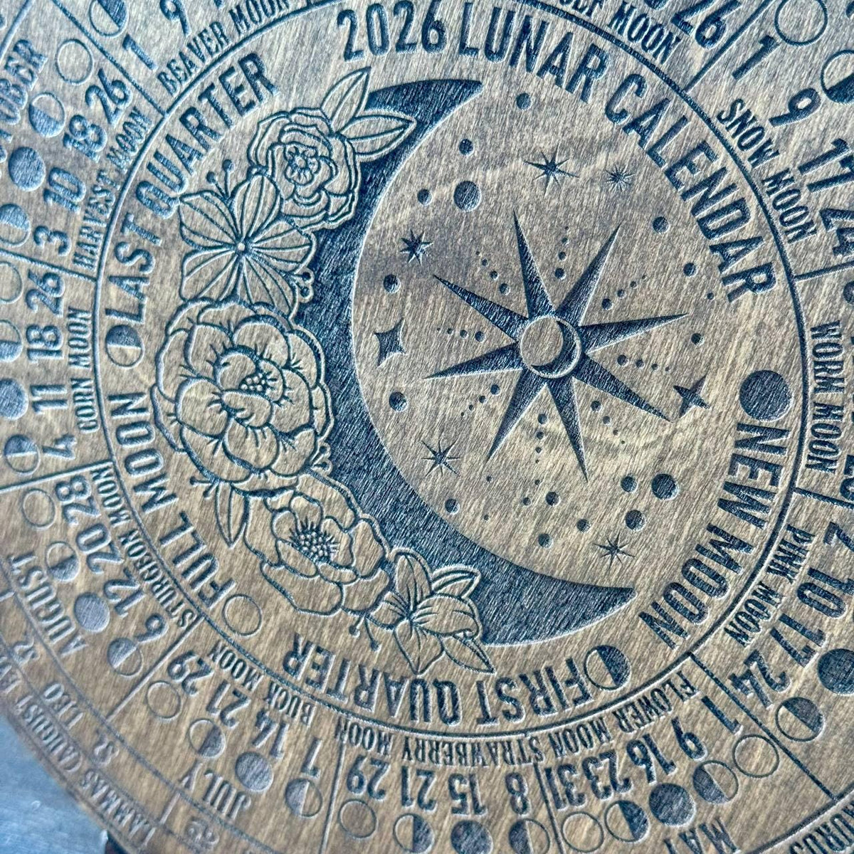 2026 Lunar Moon Phase Calendar – Floral Wood Moon Chart in Walnut Stain with Stand