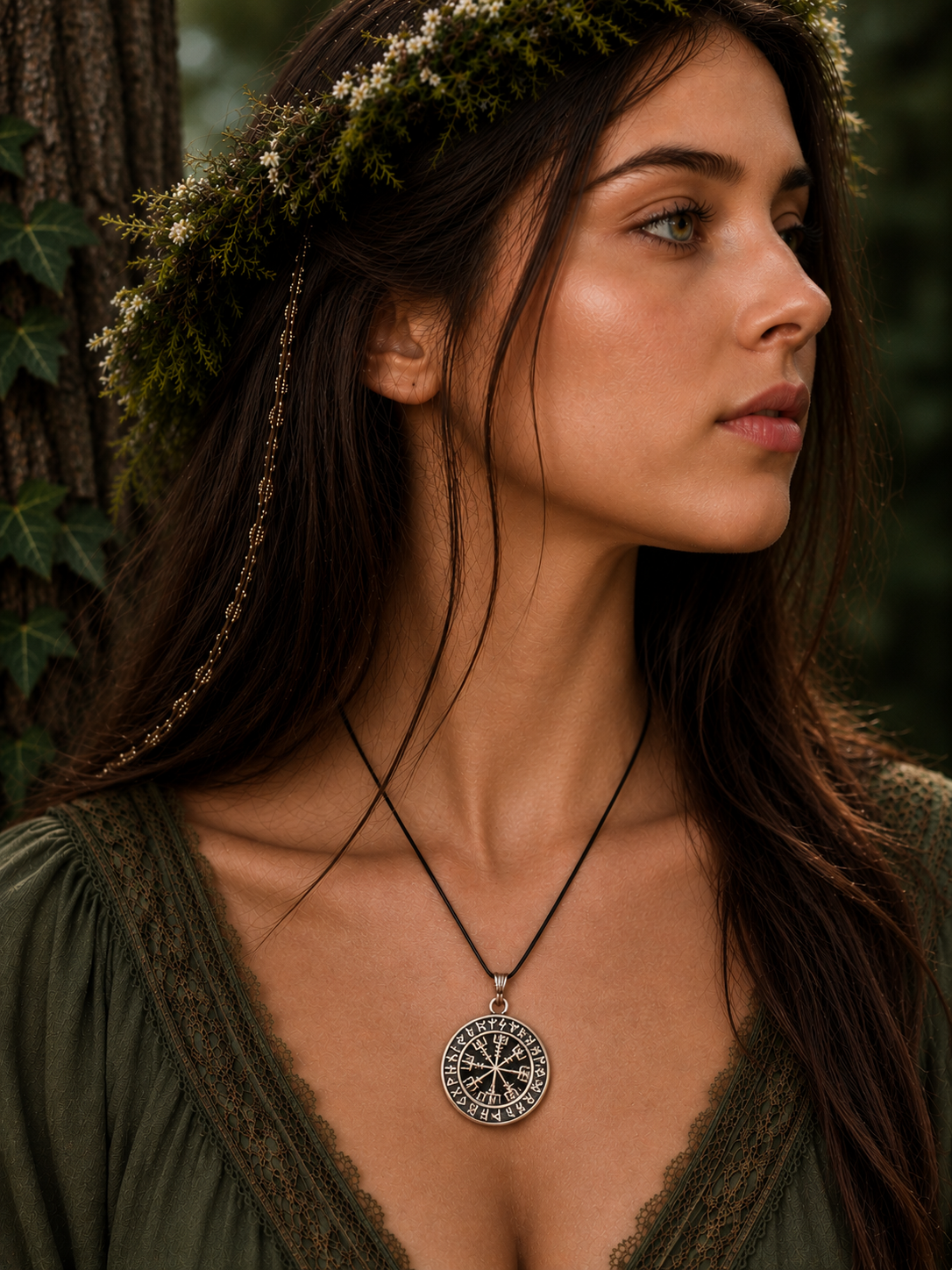 A woman with long dark hair wearing a green dress and a necklace with a pendant stands in front of a tree.