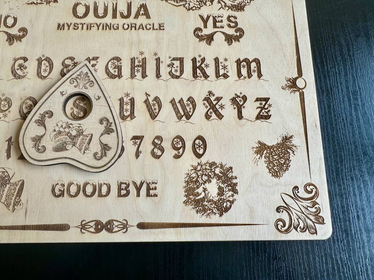 Christmas Wooden Ouija Board with Planchette, Engraved Holiday Spirit Board Décor