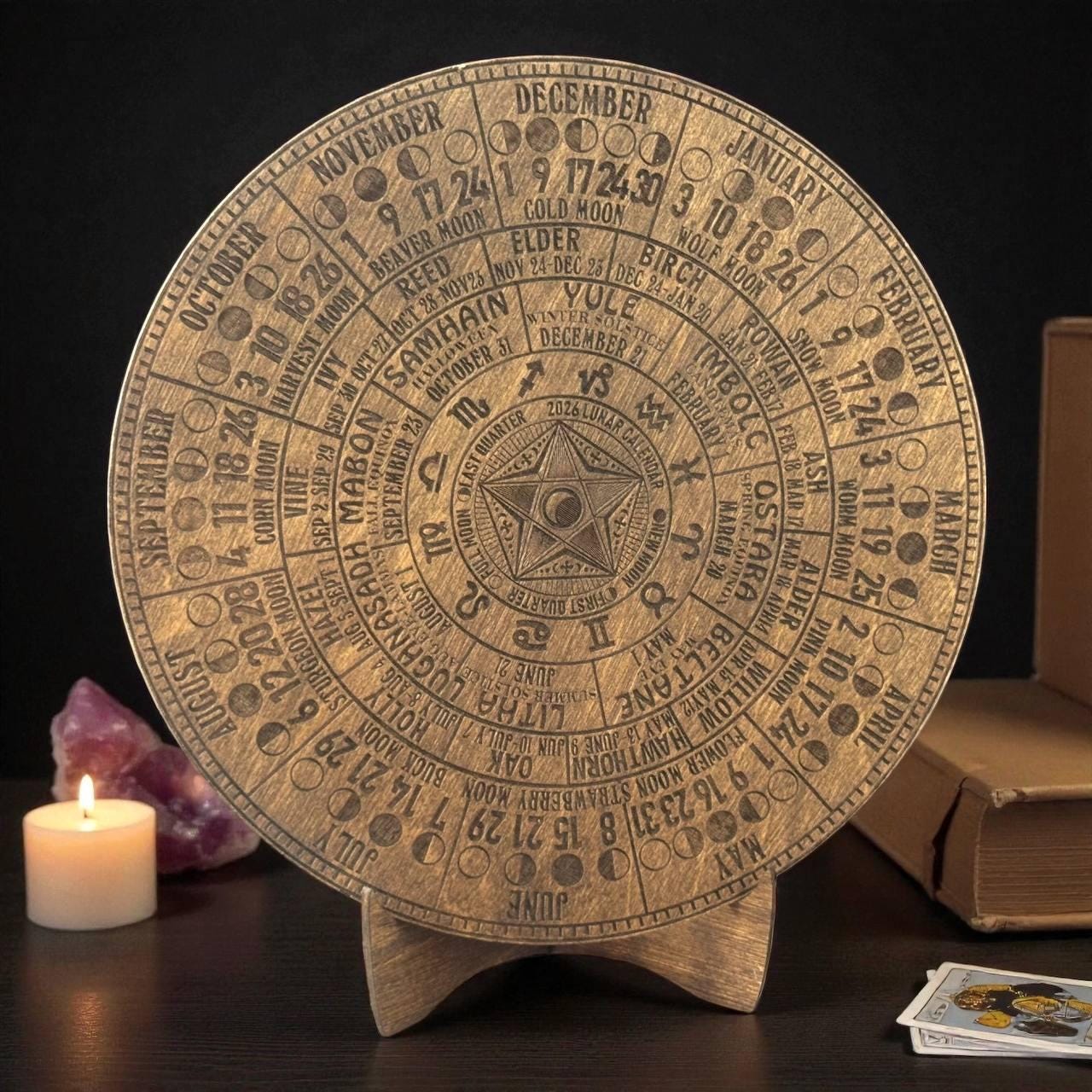 2026 Lunar Calendar with Pentagram – Wiccan Moon Phase Wheel on Walnut Wood with Stand