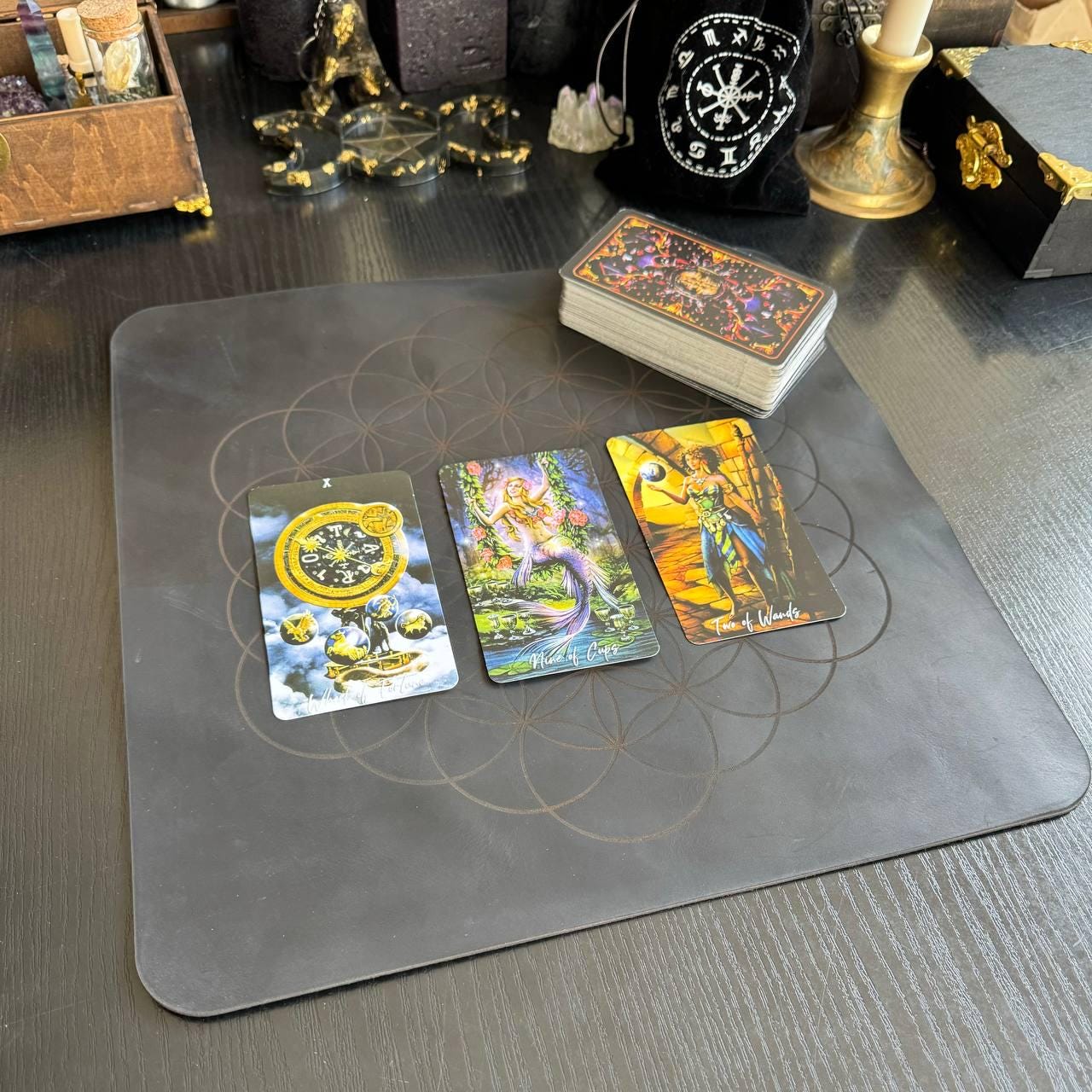 Engraved Leather Flower of Life Divination Mat