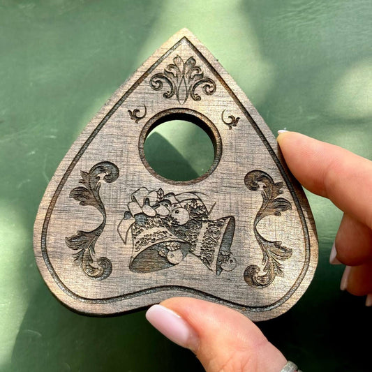 Rosewood Ouija Planchette: Engraved Christmas Jingle Bells, Spirit Board Tool