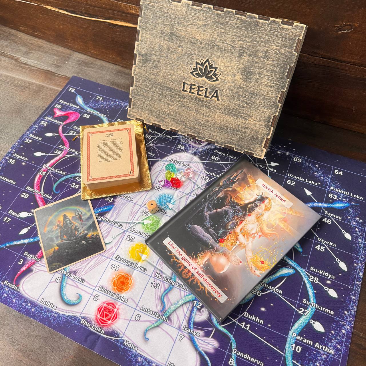 a collection of items, including a wooden box, a book, and a map, all placed on a purple and blue background with a lotus flower design.
