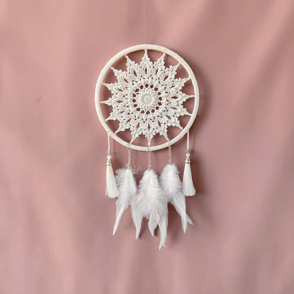 White Crochet Dream Catcher – Boho Bedroom & Nursery Decor