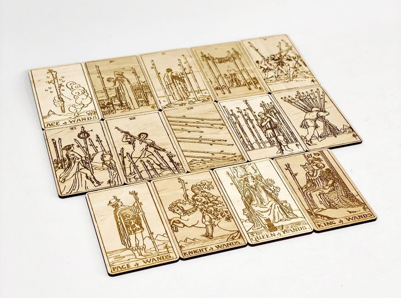 Wooden Tarot Cards Wands Suit Rider–Waite–Smith Engraved Deck Fire Element