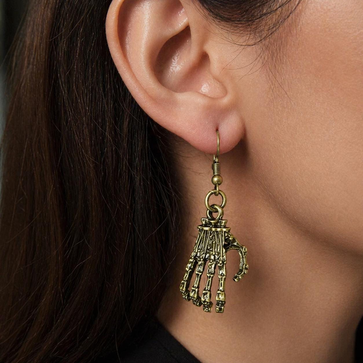 Skeleton Hand Earrings Gothic, Halloween Jewelry, Silver Armor Style Earrings