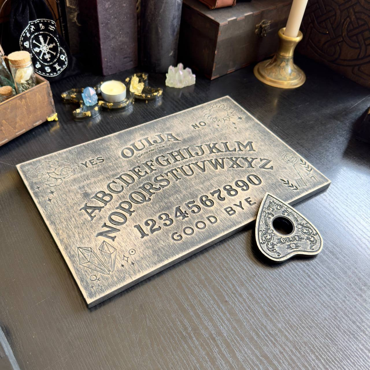 Wooden Ouija Board with Planchette: Magic Crystals Spirit Board