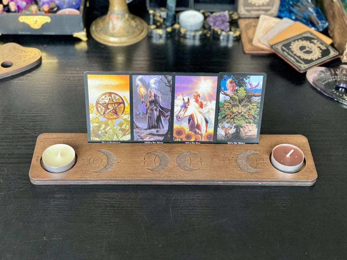 Personalized Moon Tarot Card Holder with Candle Stands, Wooden Altar Display
